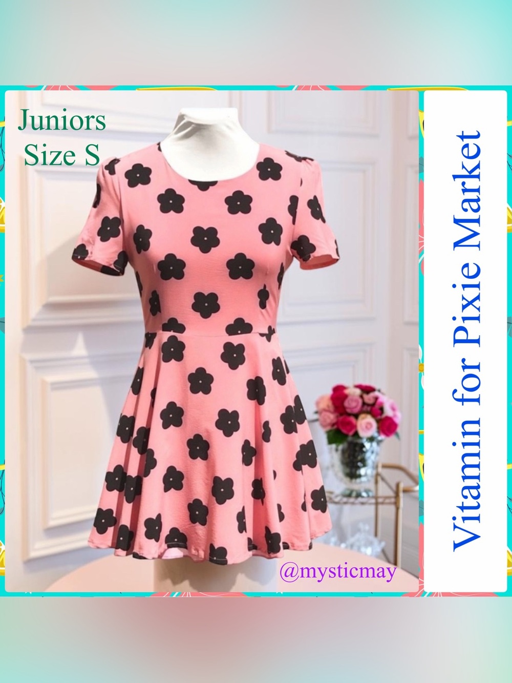 New PIXIE MARKET Coral Pink Black Floral Skater Dress Juniors Size S or 3/5